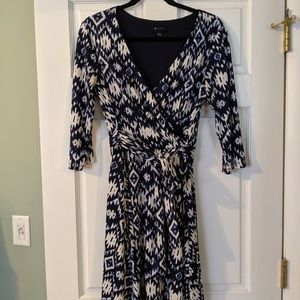 Blue Pattern Faux Wrap Dress with Belt Size L